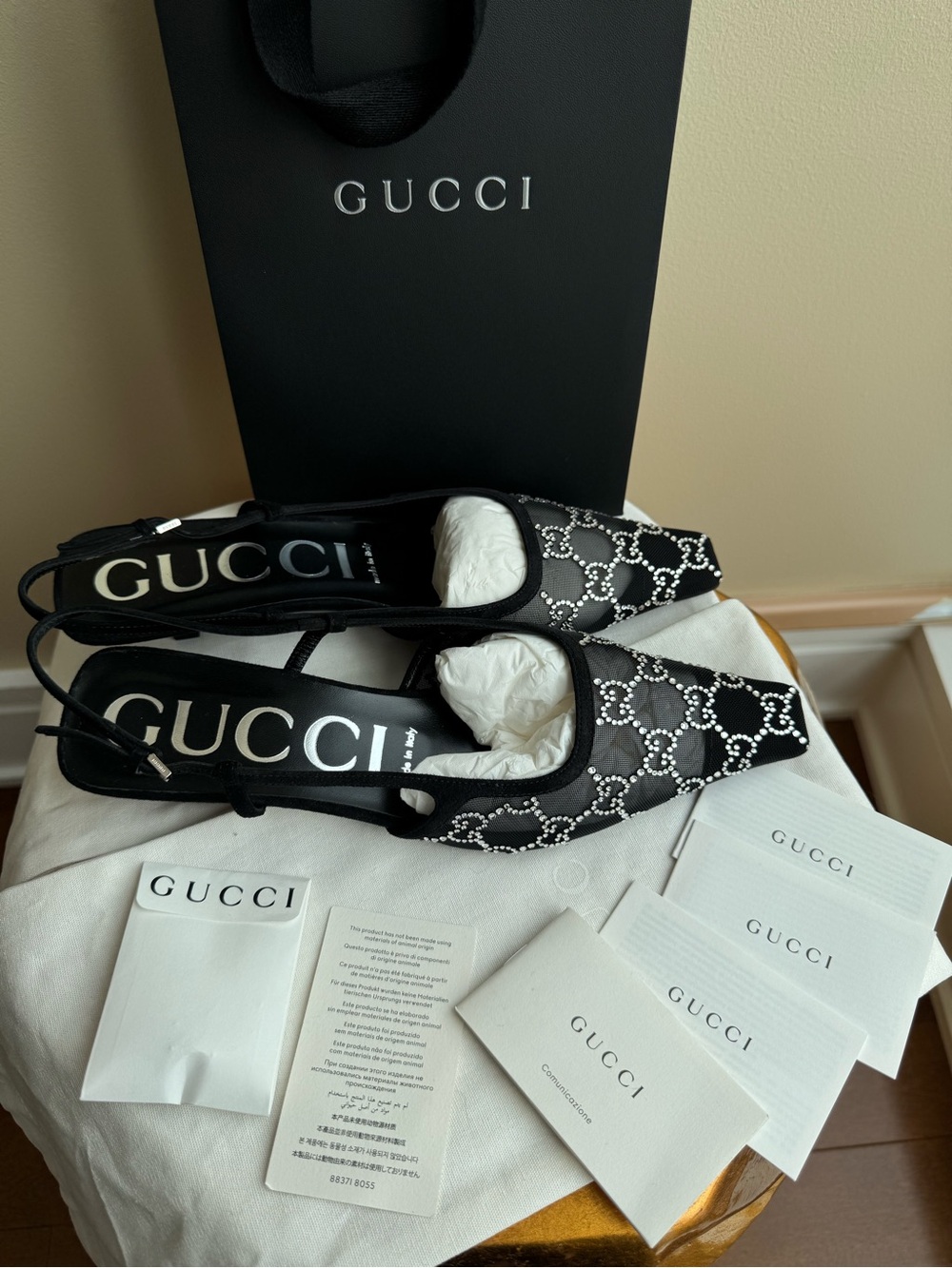New With Tags Gucci GG Crystal Slingback Pumps Black Mesh Suede, 38.5 (US 8-8.5)